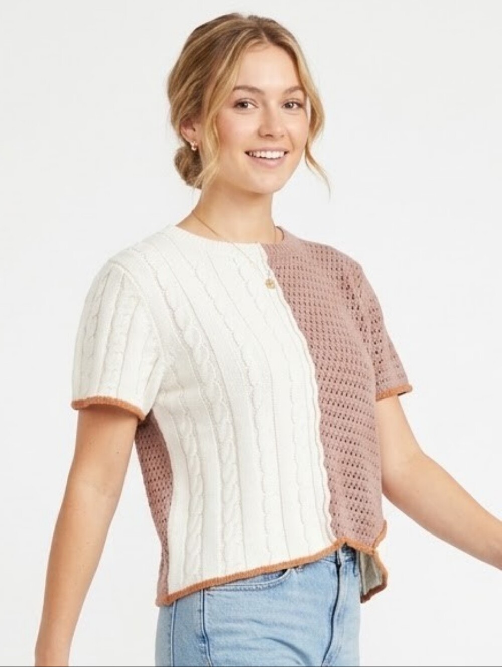 Gilded Intent Two-Tone Cable Knit Short Sleeve Top